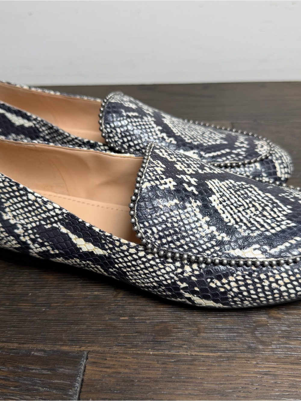 Coach Snake Print Beaded Loafers Size 8 B black Cream Smoking Slipper flats